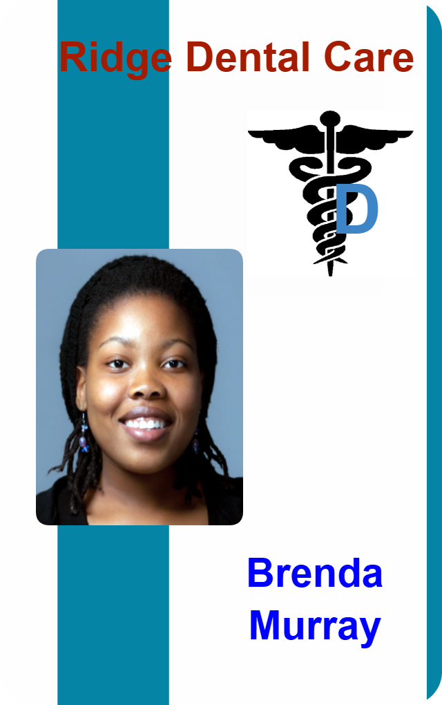 Template ID card for Ridge Dental Care features a caduceus symbol, photo of a smiling woman, and printed name at the bottom; wear resistant, durable PVC, NFC near-frequency field option