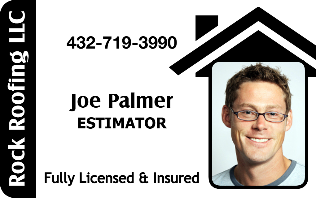Template business card for Rock Roofing LLC styled as an ID badge, displays contact number, company credentials, estimator title and photo. Durable PVC, waterproof, 40mil thick option