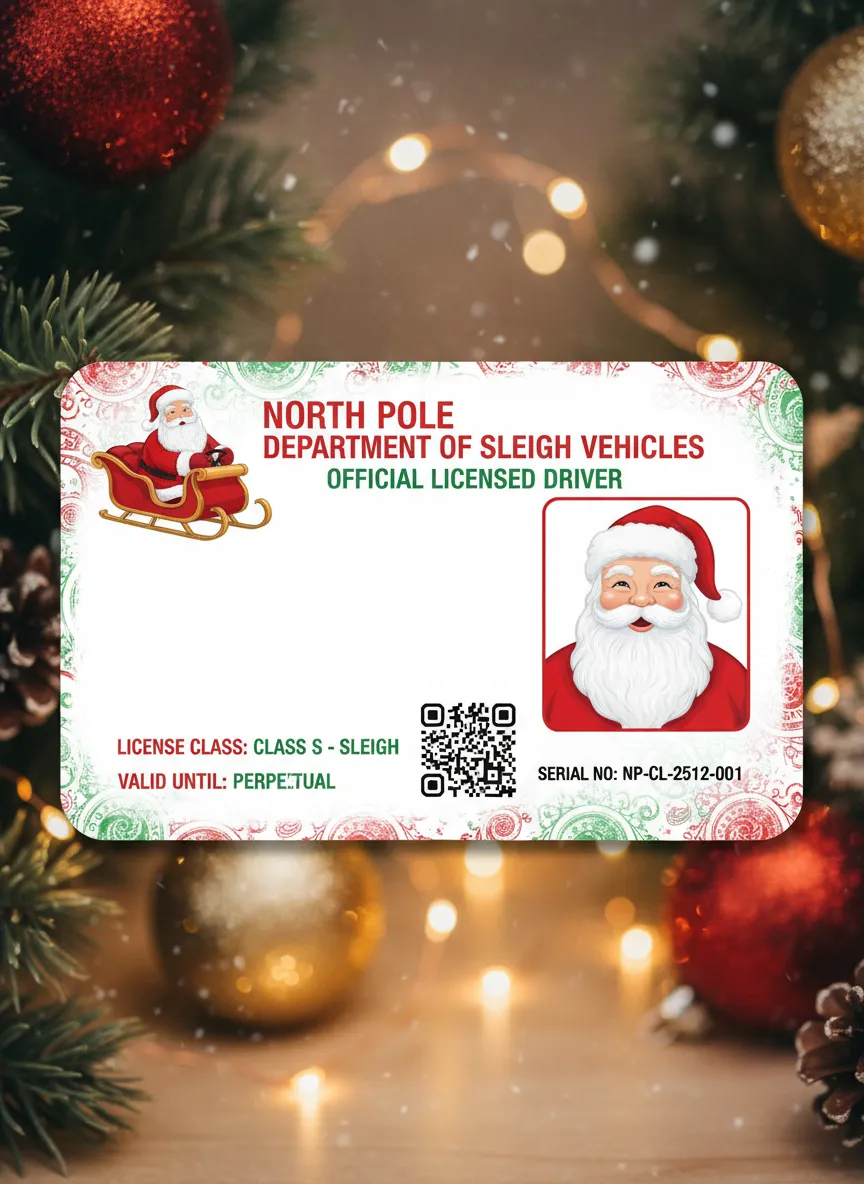 Santa Clause sleigh driver's license, featuring Christmas ornaments border, text labels in red and green, photo, and QR code.