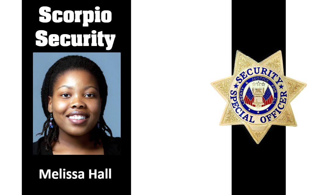 Template ID badge for Scorpio Security showing a smiling woman, gold star-shaped Security Special Officer badge, 50 mil thick option, waterproof, clear overlay option