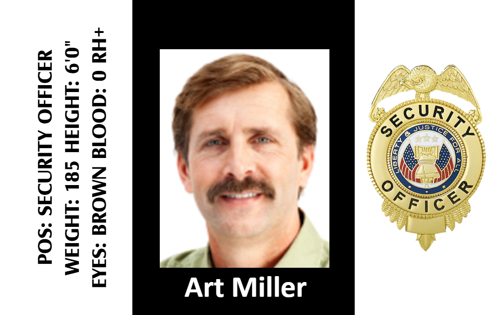Template ID badge displays a security officer’s image, physical details, gold badge on right; waterproof, durable PVC, bend resistant, clear overlay option