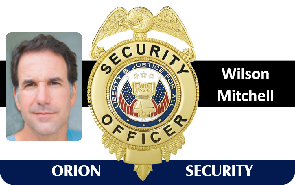 Template ID card featuring a man's photo, gold badge, and Orion Security branding; durable PVC, 40mil thick option, waterproof with clear overlay option