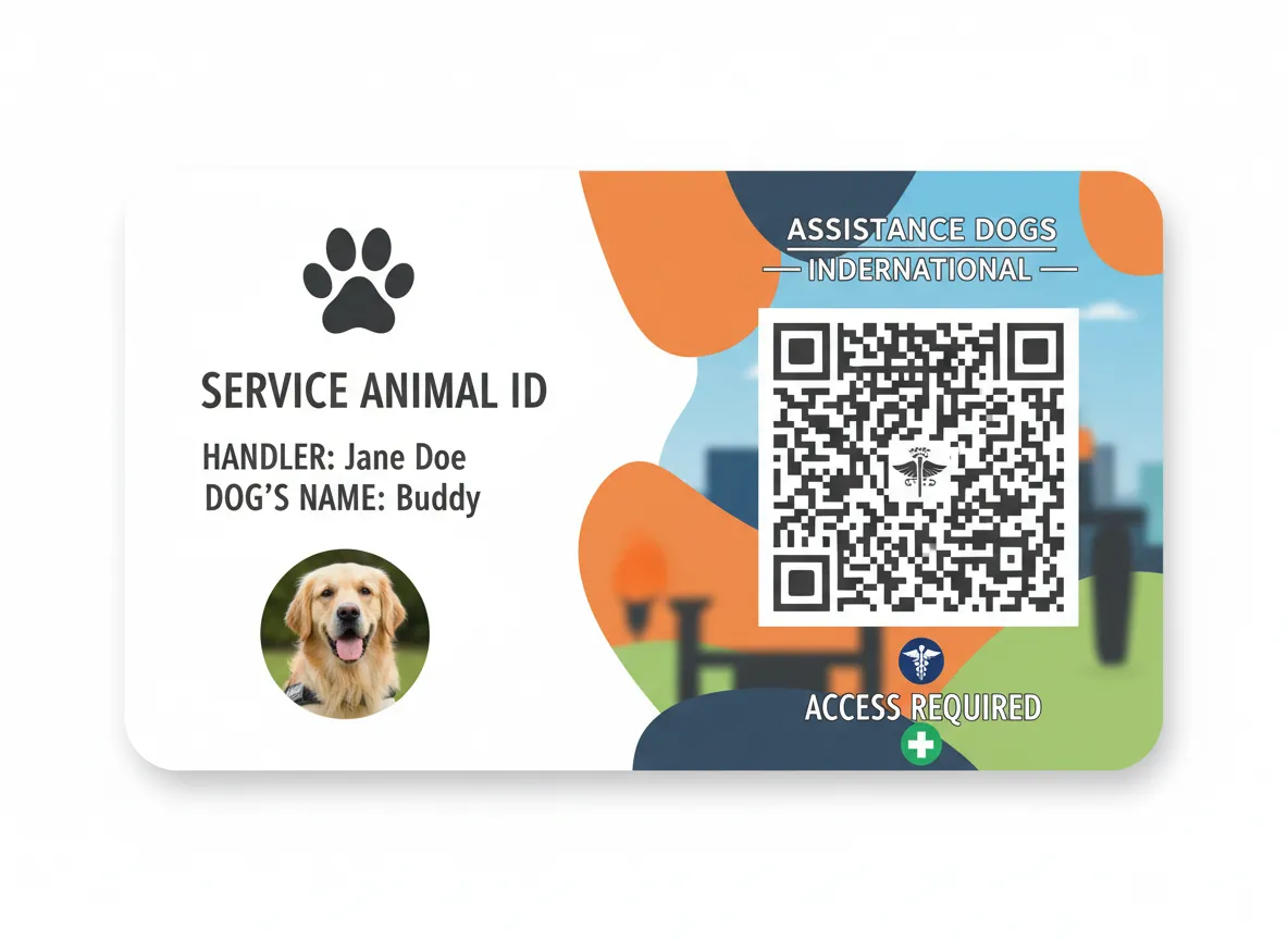 Service animal photo ID card, showing abstract color panel on the right with a large QR code, dog's photo on the left, with handler's data above.