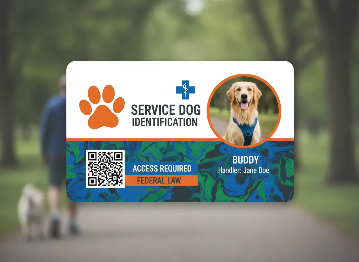 Service dog custom identification card, featuring joyful color theme pattern, high contrast text labels, rounded photo and QR code for easy scanning.