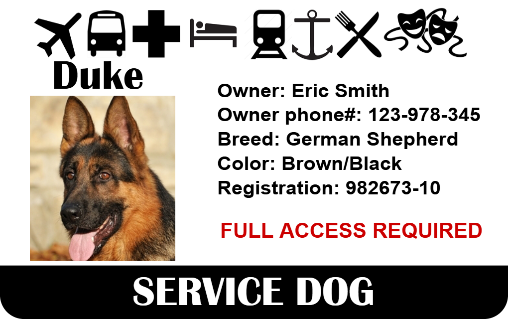 Template ID card for service dog Duke, a brown and black German Shepherd. Features registration, clear overlay option, waterproof, FULL ACCESS REQUIRED text. Wear resistant badge