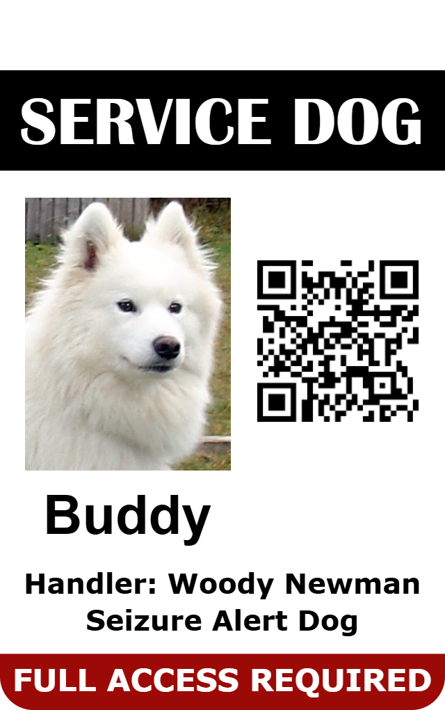 Service dog ID badge template featuring a fluffy white dog, QR code, and text for handler/alert purposes. Full access required at the bottom. Wear resistant, waterproof, 40mil thick option