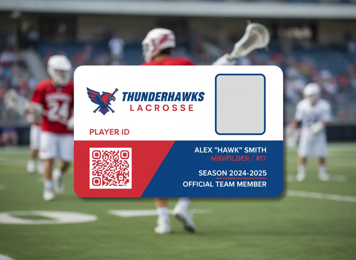Sport team photo ID badge, featuring large red and blue bottom panel, team mascot, QR code, player's name, position and season details.