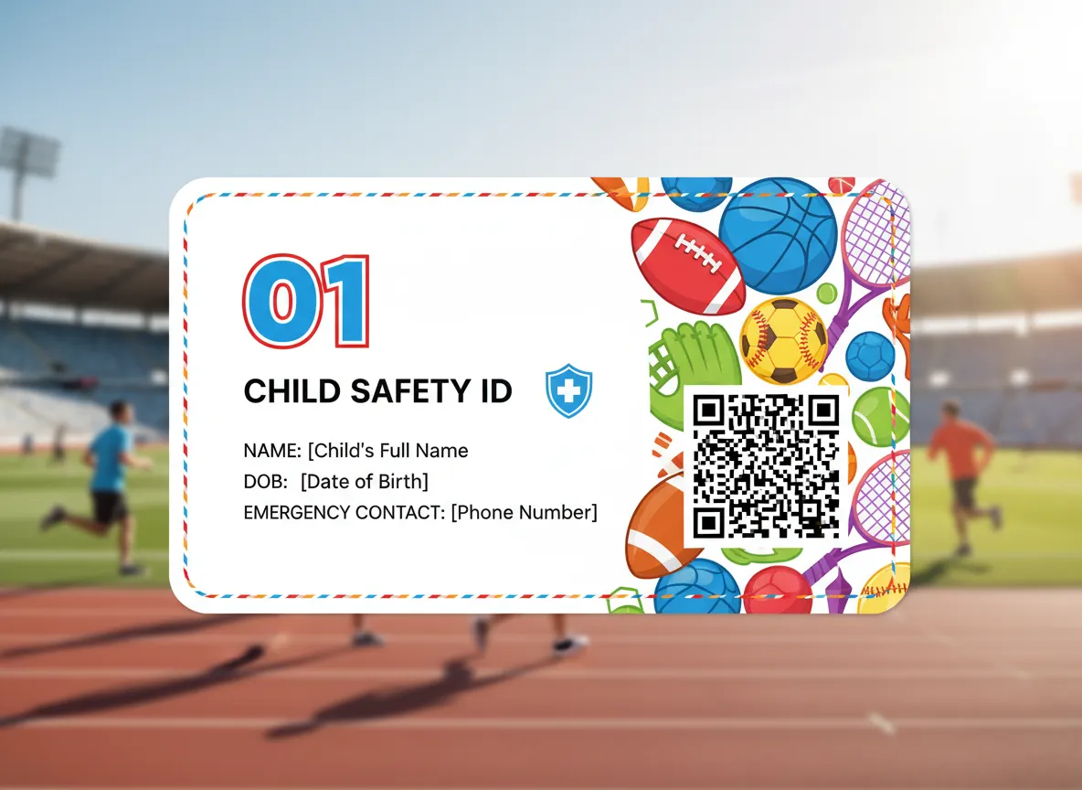 Sports fan child safety ID card printed on water proof PVC, holding important information printed and also accessible by QR code scan.