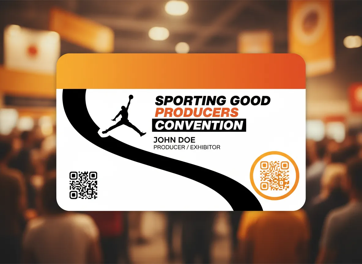 Sports merchandise convention pass for a vendor, no-photo design, with 2 QR codes for storing separate datasets with easy access by scan.