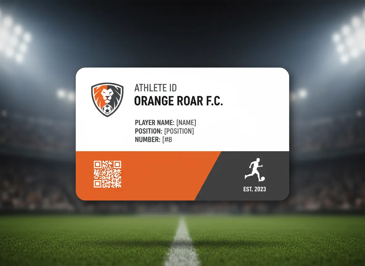Sports team ID card with the color panel footer matching the logo theme, displaying a QR code, football player icon, and various data elements.