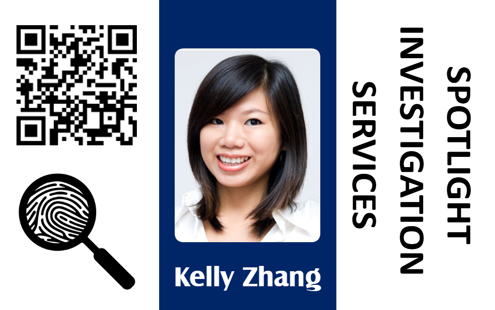 A template ID card for Spotlight Investigation Services includes a portrait, QR code, fingerprint icon, bold company name; 50 mil thick option, waterproof, clear overlay option