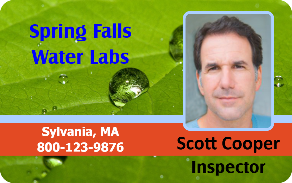Template ID card with leaf and water drops background, text, inspector photo; waterproof, durable PVC, 40mil thick option, added security holographic overlay option