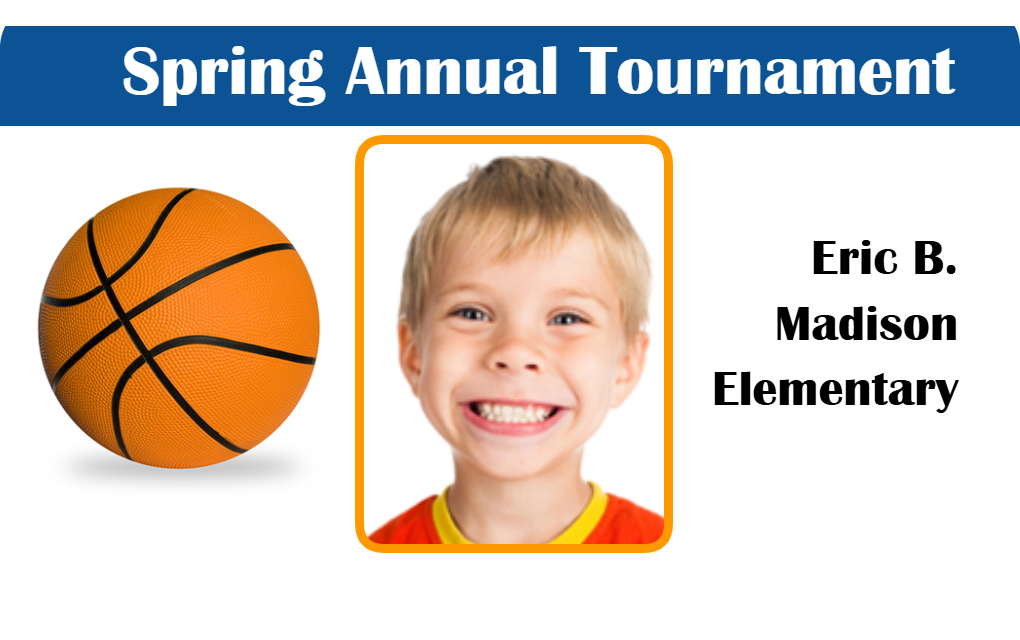 Template for ID card or ID badge features a basketball, a smiling young boy, and "Spring Annual Tournament with Madison Elementary"; waterproof, wear resistant