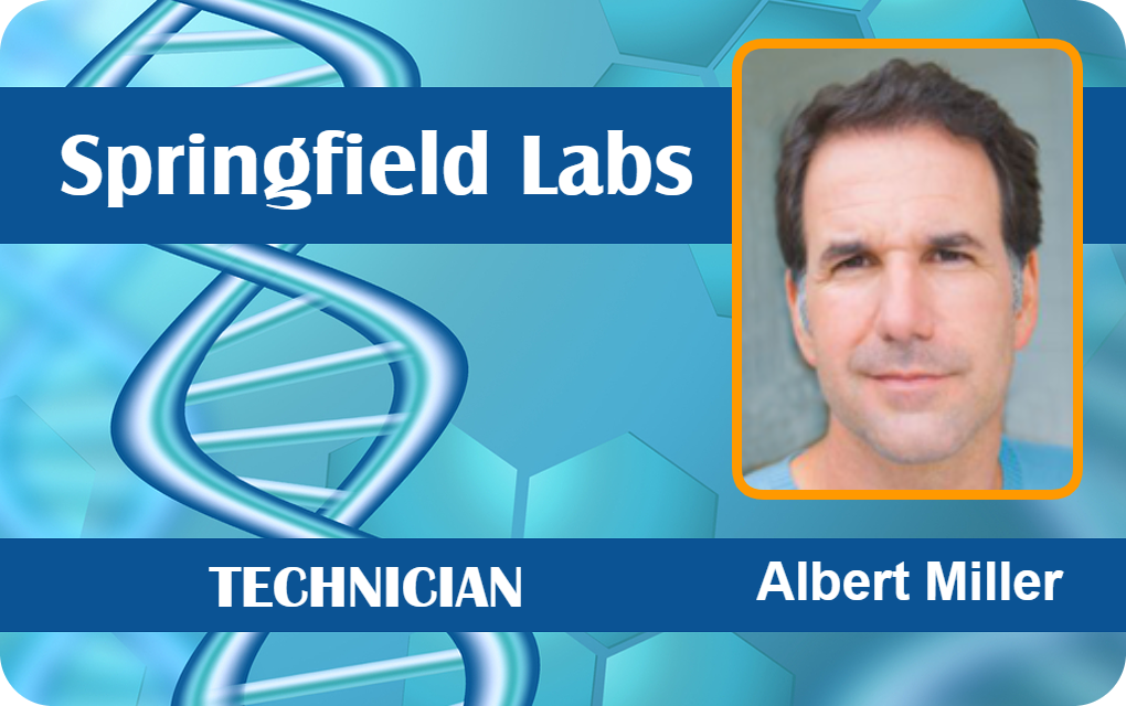 Template ID badge for Springfield Labs with DNA graphic, TECHNICIAN title, headshot, and clear overlay option; made from durable PVC, waterproof, 40mil thick
