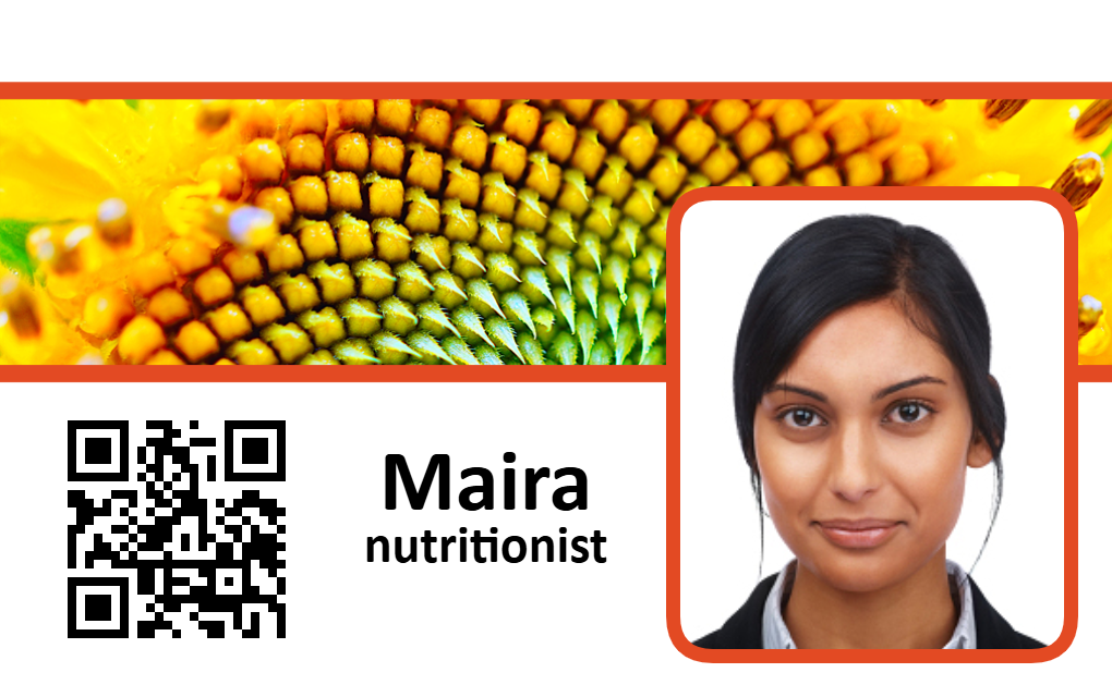 Template ID badge featuring a sunflower design, QR code, and headshot, labeled nutritionist. Waterproof, durable PVC, 40mil thick, clear overlay option