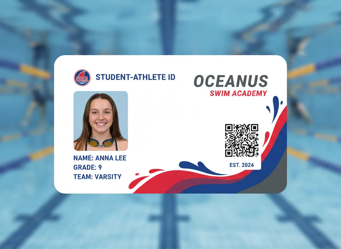Swim team id card for high school varsity member, featuring splashing water theme, with photo, name, grade, QR code, made of water proof PVC.