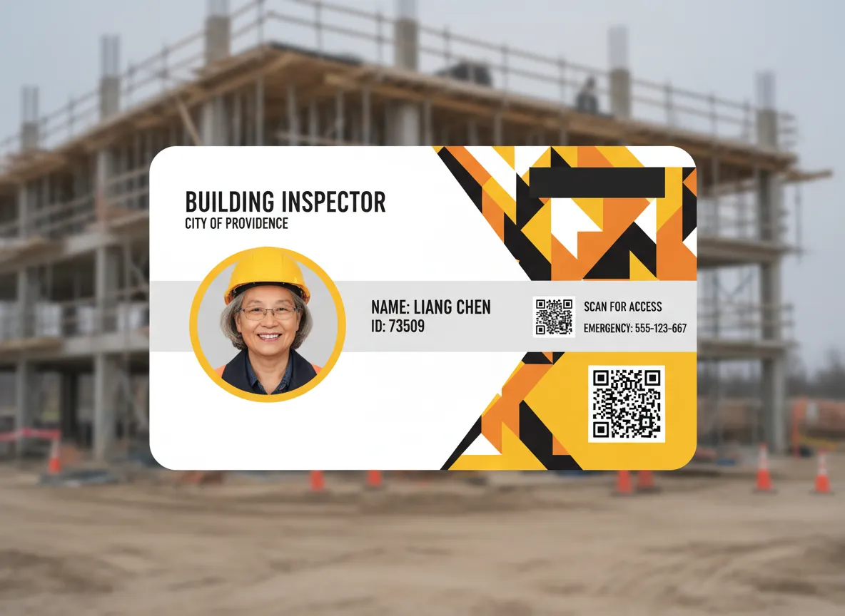 Symmetrical layout, custom ID card for a building inspector, featuring construction site color scheme, abstract background, and round photo area.