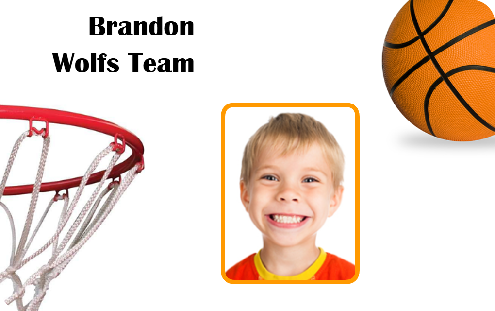 ID badge template featuring a smiling young boy in an orange shirt next to a basketball and hoop, text above reads "Team", waterproof, durable PVC, wear resistant