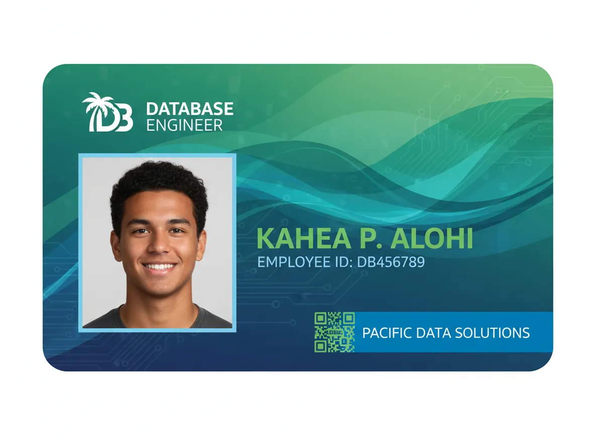 Technology sector, employee ID card, with wavy, blue and green shades with circuit lines abstract background, showing person's photo and name.