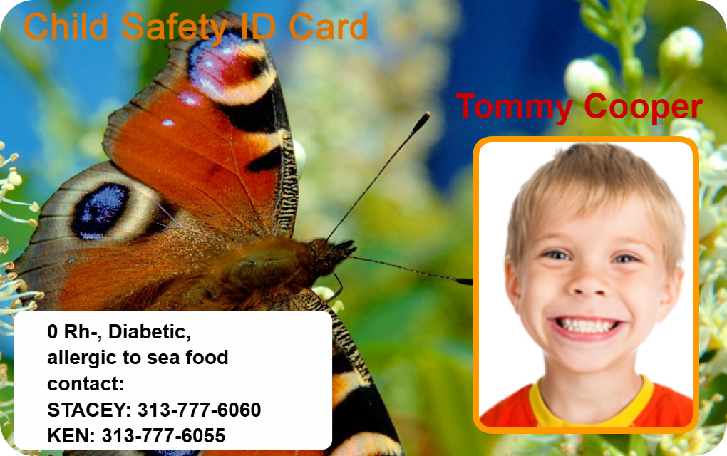Template Child Safety ID card with butterfly background, photo slot for a smiling child, space for emergency contacts and allergy info; waterproof, 40mil thick option