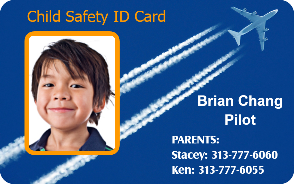 Template child safety ID card featuring a young boy’s photo, name and emergency contact info, plane with contrails in background; waterproof, wear resistant, clear overlay option