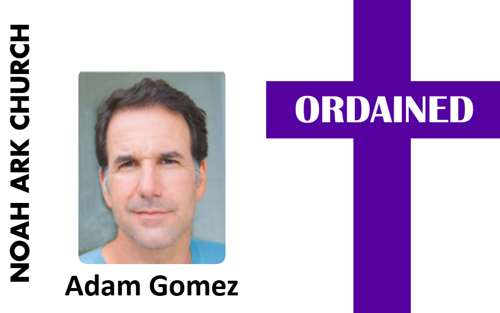 Template id card for a church, with side label “NOAH ARK CHURCH”, photo slot, name section, large purple cross marked “ORDAINED”; waterproof and 40mil thick option