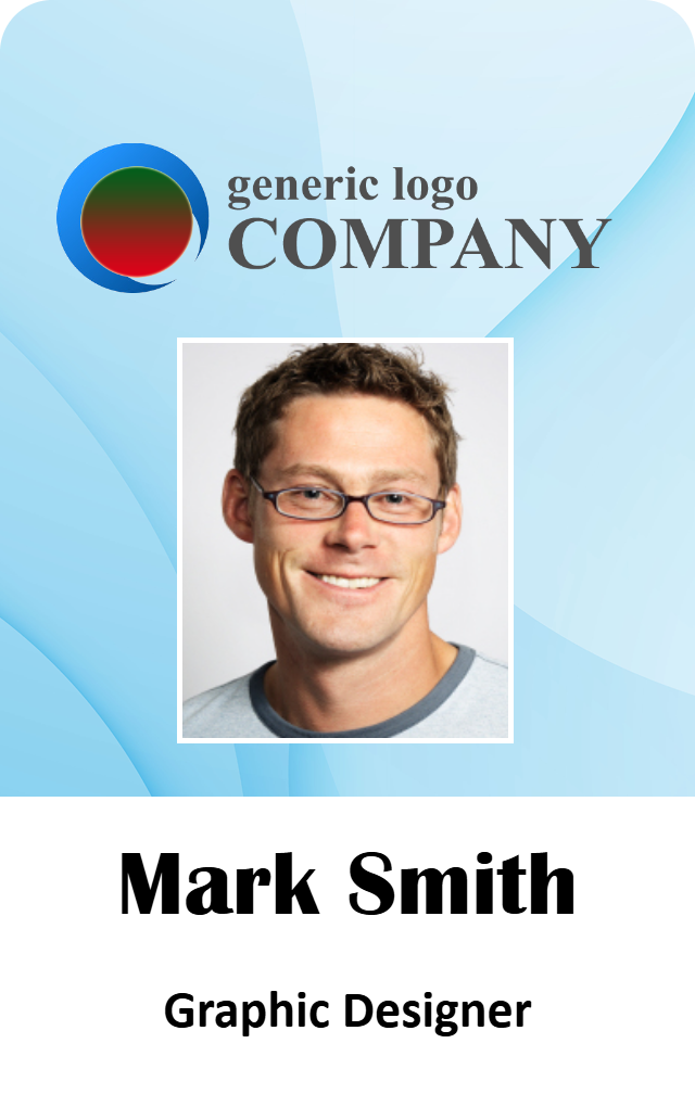Template ID badge with a circular logo, COMPANY text, photo and name details. Features durable PVC, 40mil thick option, wear resistant, and added security holographic overlay option