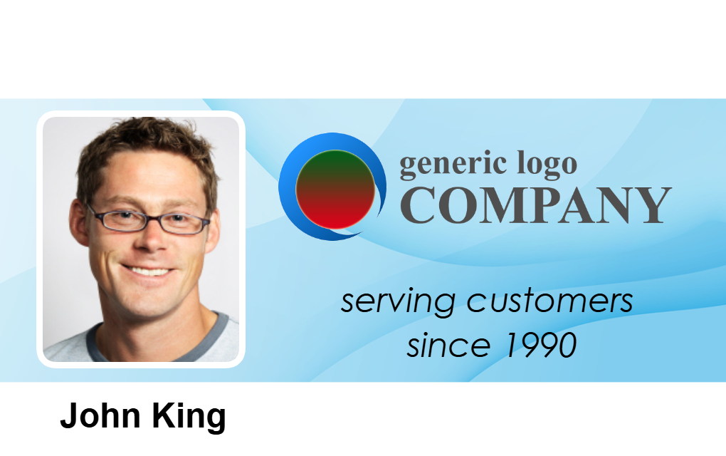 Template company ID badge with man’s headshot in glasses, generic logo, serving customers since 1990, wear resistant and waterproof, clear overlay option