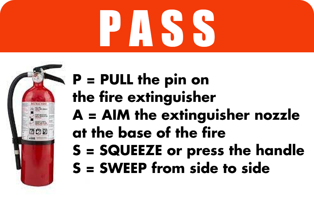 Template ID card featuring a fire extinguisher with clear PASS steps: Pull pin, Aim base, Squeeze handle, Sweep side to side; durable PVC, wear resistant, 40mil thick option