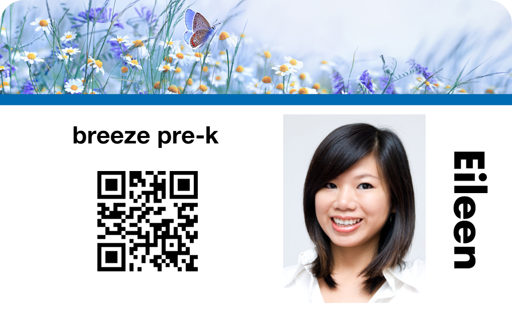 Template design ID card with floral border, QR code, "breeze pre-k" text, smiling woman with straight dark hair. Durable PVC, waterproof, clear overlay option