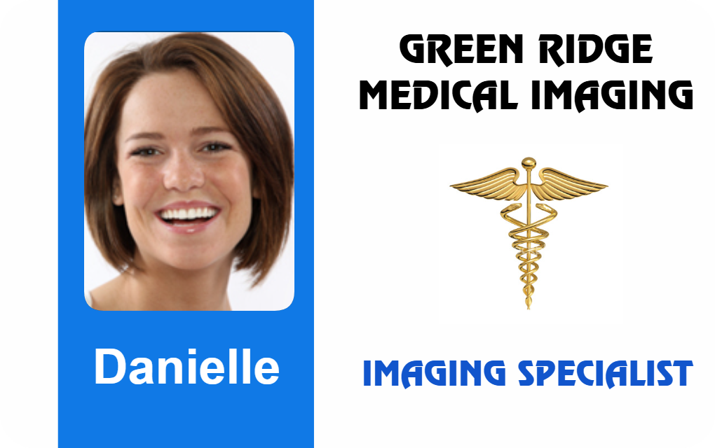 Template ID badge showcasing a woman smiling, labeled as Imaging Specialist for Green Ridge Medical Imaging, gold caduceus symbol; durable PVC, waterproof, added security holographic overlay option