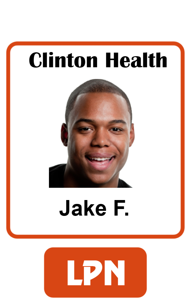 Template ID badge featuring "Clinton Health" at the top, a headshot of a smiling man, "Jake F." below, LPN highlighted at the bottom; waterproof PVC card, clear overlay option