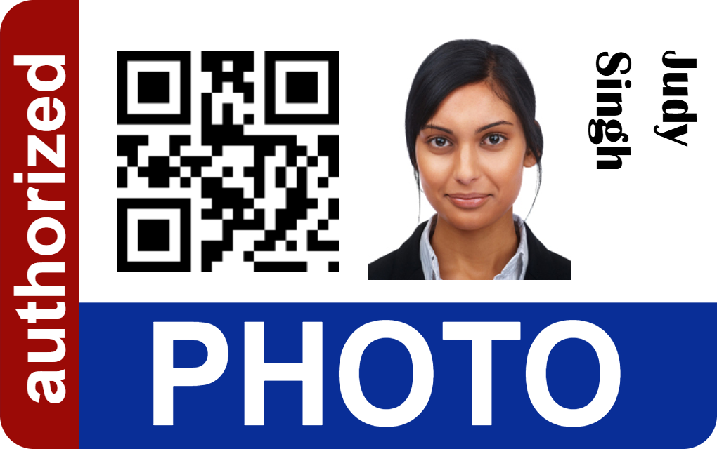 Template ID card featuring a QR code, a woman’s headshot, "authorized" in red, and a clear overlay option. Durable PVC, wear resistant, and 40mil thick option