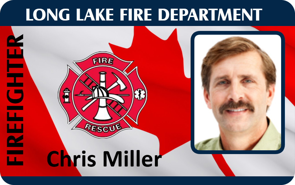 Template ID card for Long Lake Fire Department displaying a red fire rescue emblem, Canadian flag, firefighter portrait; waterproof, clear overlay option, wear resistant