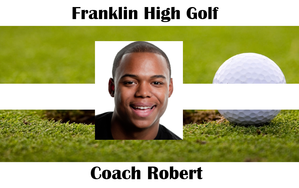 Template ID card features a smiling man between "Franklin High Golf" and "Coach Robert," with golf ball on grass; durable PVC, 40mil thick option, waterproof