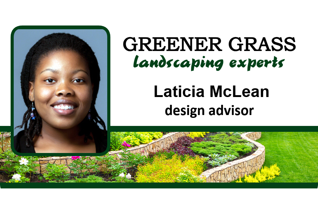 A template ID card for Greener Grass Landscaping Experts features a headshot of the design advisor and a lush landscaped garden background; wear resistant, waterproof, clear overlay option
