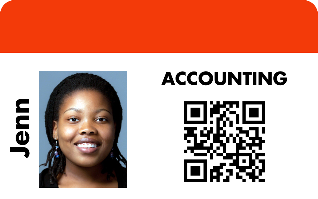 Template ID card featuring a headshot, name on the left, ACCOUNTING on right, and QR code. White and orange background. Durable PVC, waterproof, clear overlay option