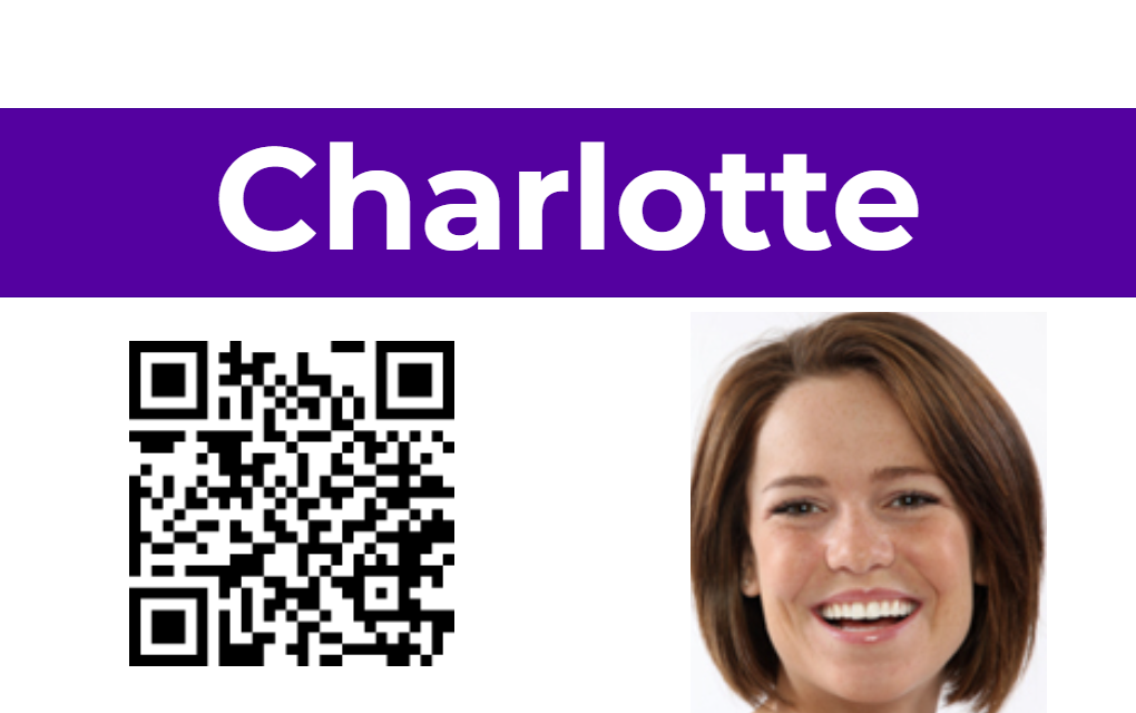 Template ID card features a purple banner labeled "Charlotte," a QR code on the left, and a smiling woman with short brown hair on the right; durable PVC, waterproof