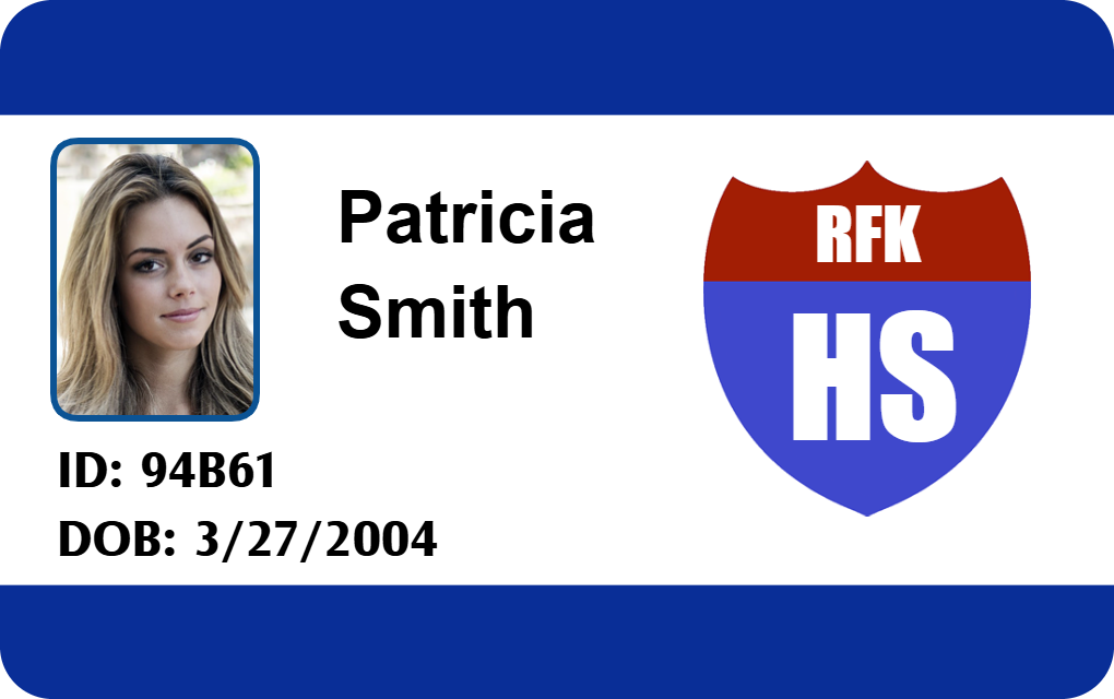 Template for a school ID card featuring student photo, name, ID number, RFK HS logo; durable PVC, wear resistant, clear overlay option