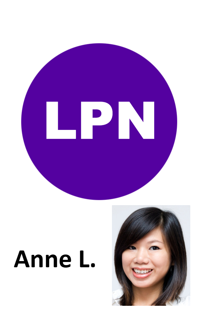 Template ID card featuring a purple circle with “LPN” in white above a portrait of a smiling woman with straight dark hair, wear resistant, NFC near-frequency field option