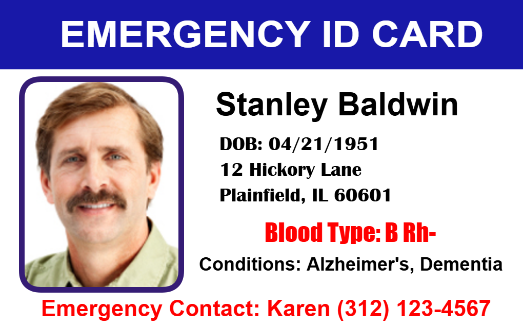 Template-style emergency ID card or ID badge with photo, generic personal details, medical info (Alzheimer's, dementia), blood type B Rh-, and contact. Durable PVC, waterproof