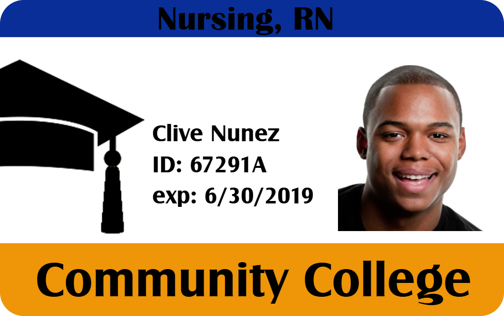 Template for a nursing student ID badge or ID card at Community College, featuring a photo, name, ID number, expiration date, and a durable PVC, wear resistant, waterproof design
