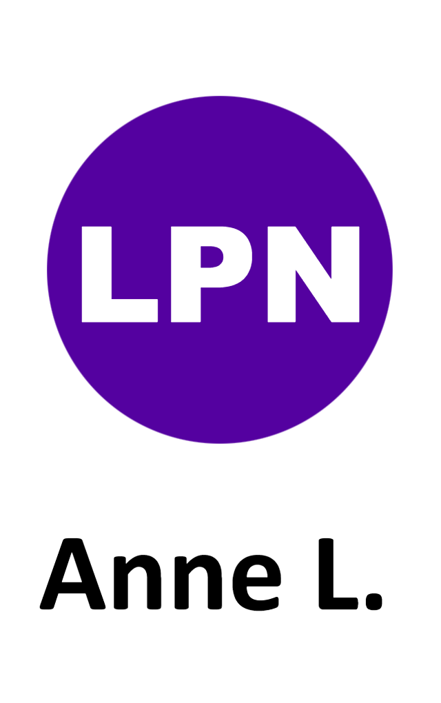 Template id badge featuring a purple circle with white letters LPN above a black name on a white backdrop; waterproof, wear resistant, durable PVC with clear overlay option