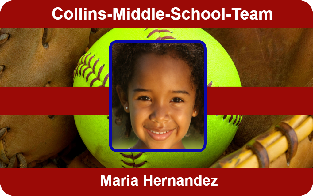 Template id card features a centered portrait of a smiling young girl over a softball background, Collins-Middle-School-Team in bold white text; durable PVC, waterproof, wear resistant