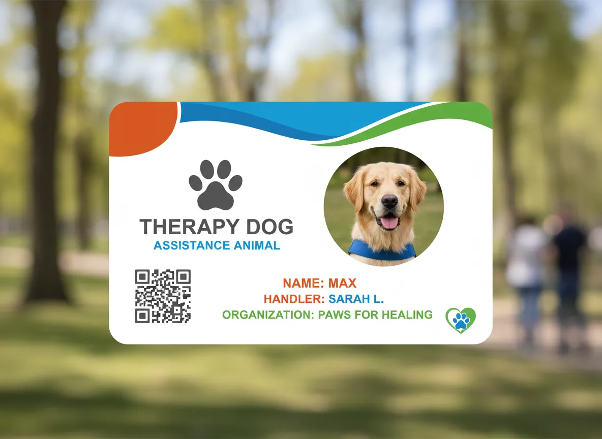 Therapy dog custom ID card, featuring red, green and blue, wavy header, displaying rounded photo, handler and dog names, paw icon, and QR code.