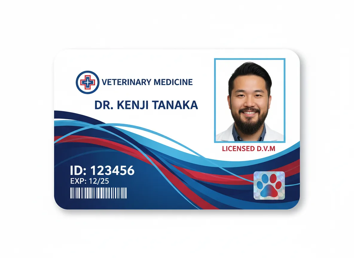Three colors wavy design custom ID card for a vet clinic personnel, with name, photo and other essential data in black text labels.