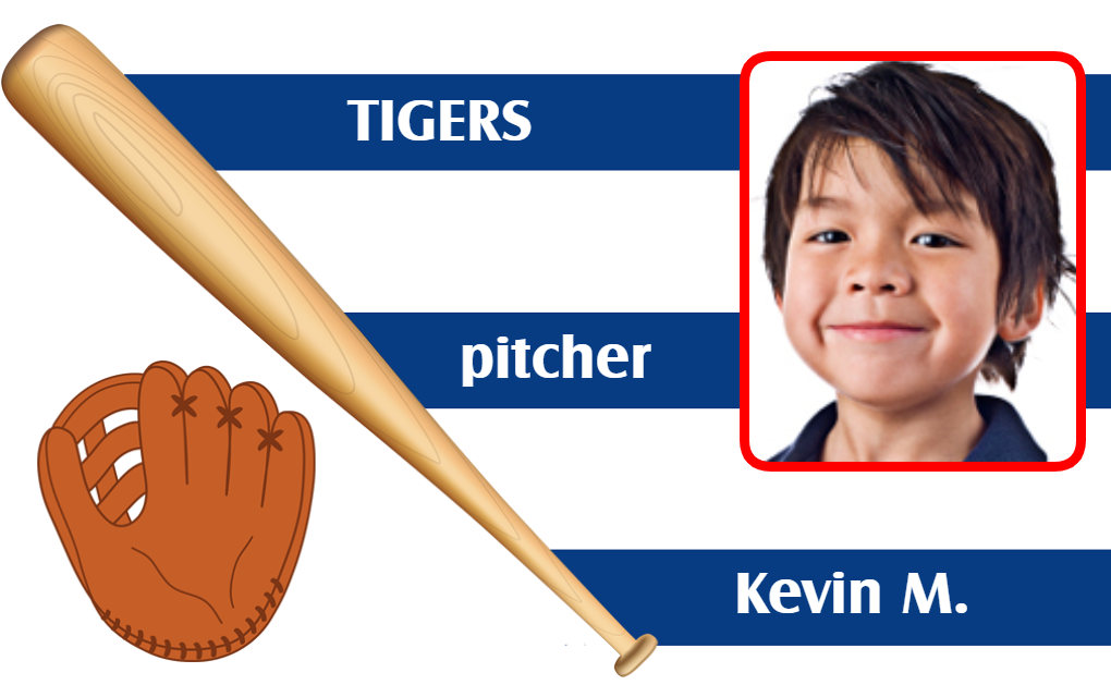 Template id card featuring a smiling boy as TIGERS pitcher with bat and glove, blue-striped background. Durable PVC, waterproof, bend resistant, clear overlay option