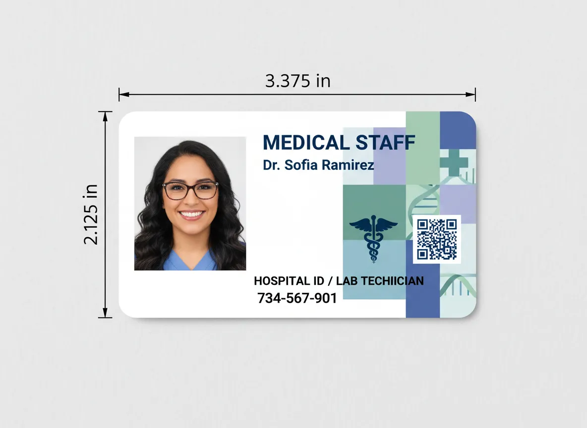 Tiles pattern, medical context, employee ID card, displaying cross, caduceus and DNS symbols, QR code, name, photo, position and phone number.