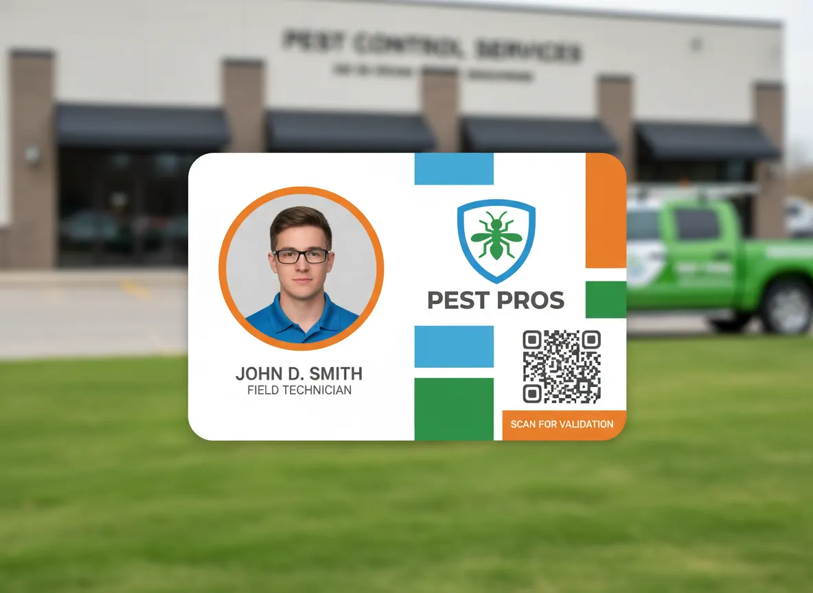 Trade agnostic, service company, employee ID card, with orange, green and blue color bars, company logo, outlined person's photo and QR code.