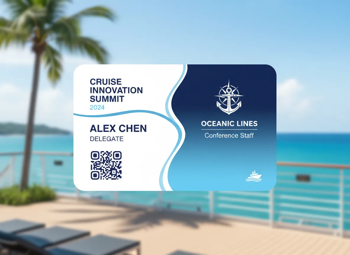Travel industry conference pass custom ID card, with gradient blue background and white text labels along with anchor and compass icons.